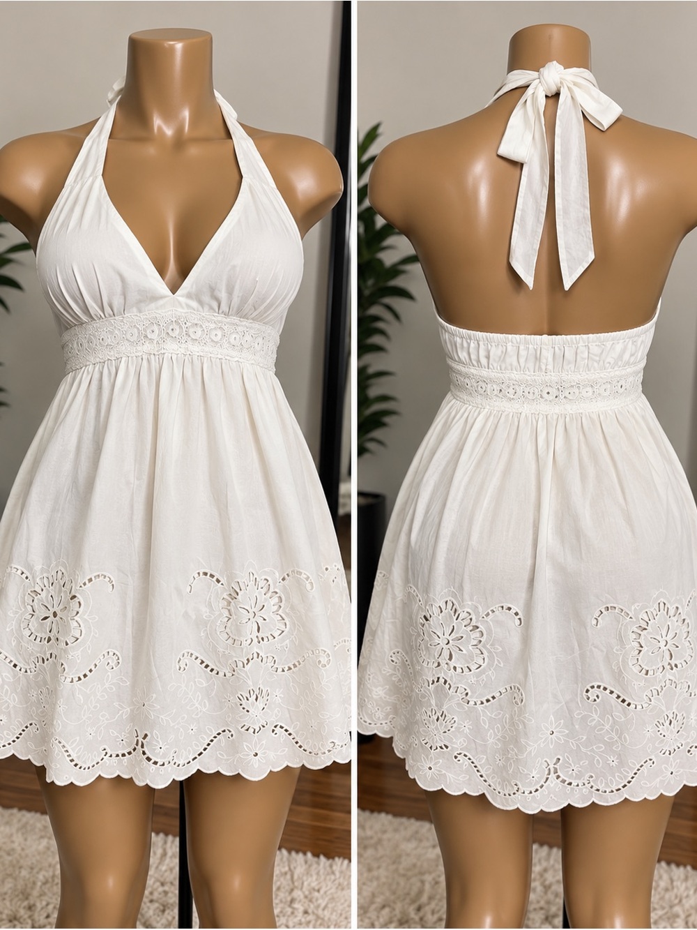 White Halter Eyelet Mini Dress - Brand: